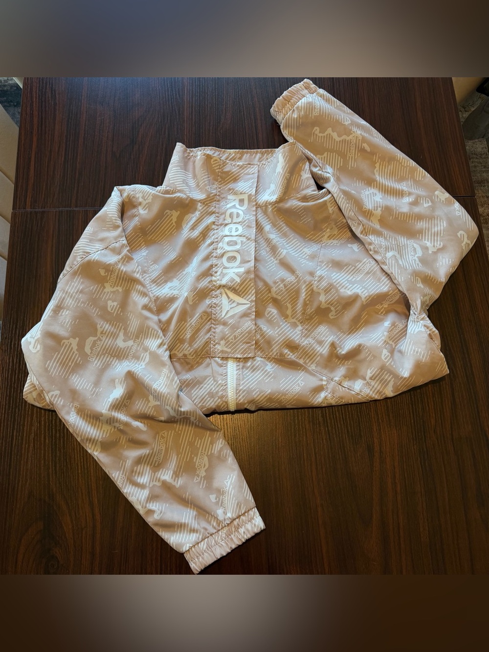 XL Reebok Women's Beige Cropped Bomber Jacket with White Logo
